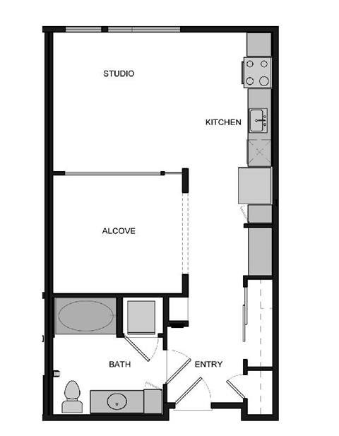 Floor plan for studio, 1 bath, 617 sqft